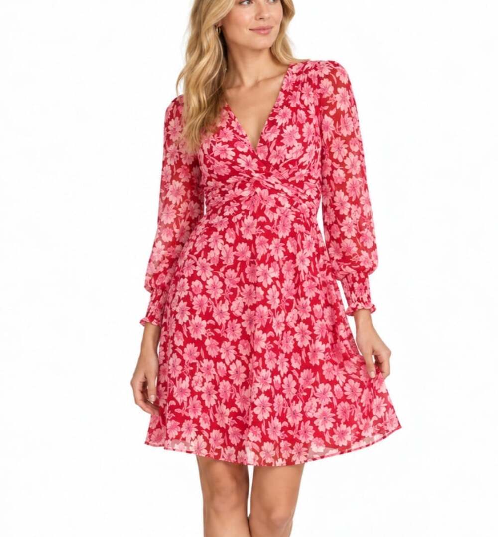 Julia Jordan Floral Chiffon Twisted Front V Neck Long Sleeve Mini Dress NWT 6